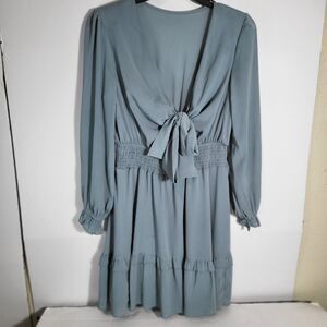 NEW Knot Front V Neck Ruffles Long Sleeve Swing Mini Dress S